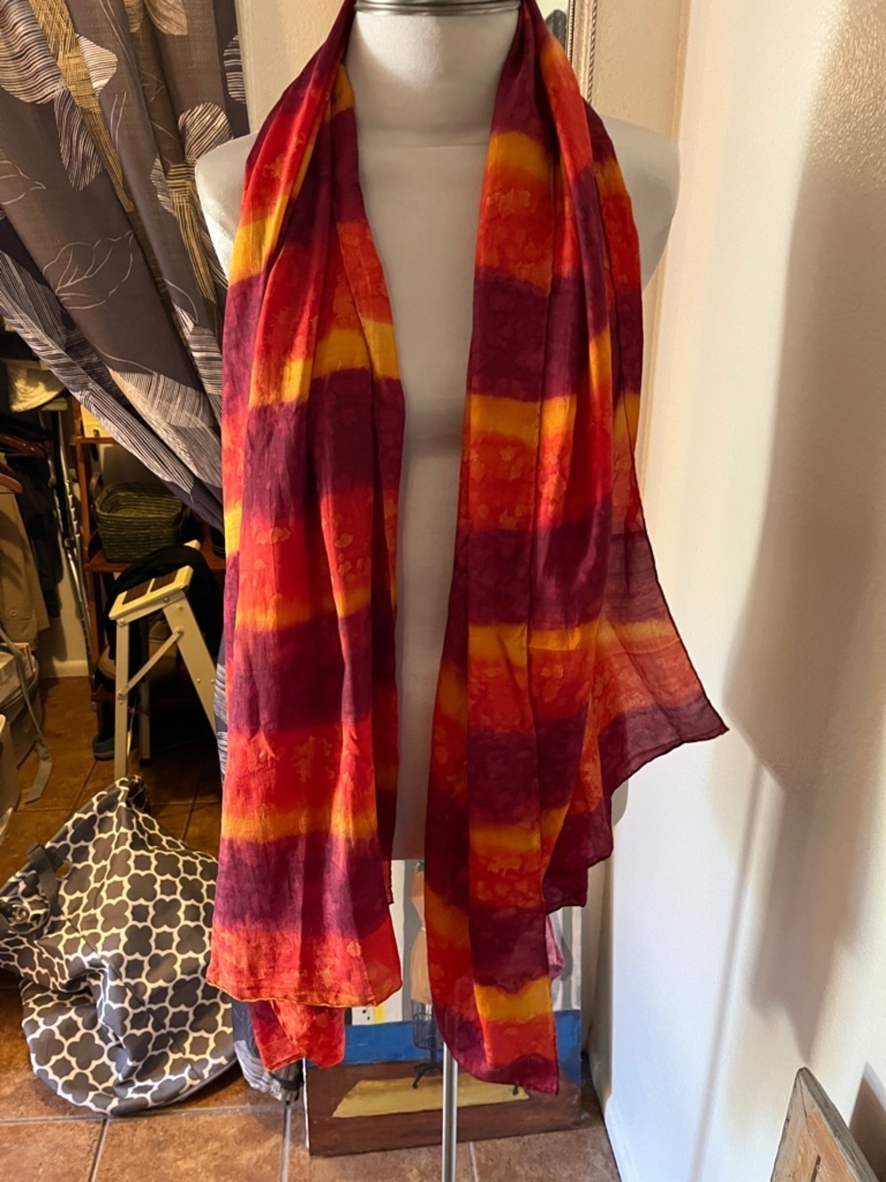 Vibrant Tie-Dye Sheer Scarf in Red, Orange & Yellow